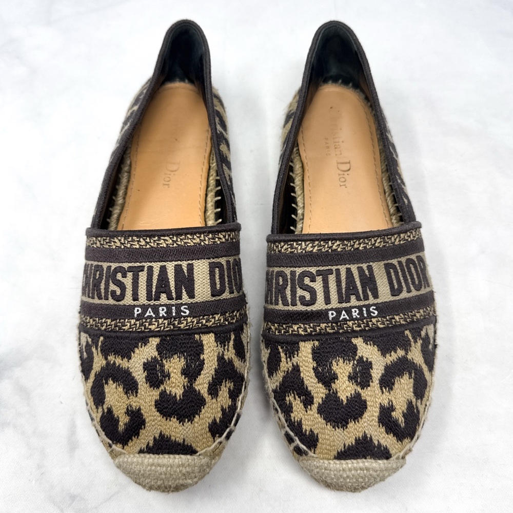 Christian Dior Granville Leopard Jacquard Logo Flat Espadrille Sandal Shoes 37.5